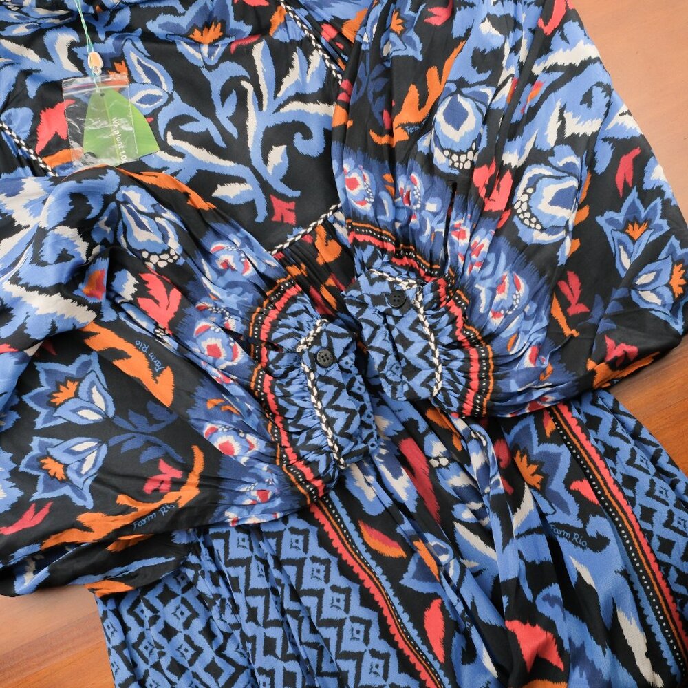 Farm Rio Gathered Printed Crepe de Chine Bishop-Sleeve Maxi Dress, Blue/Red, L - Picture 9 of 14